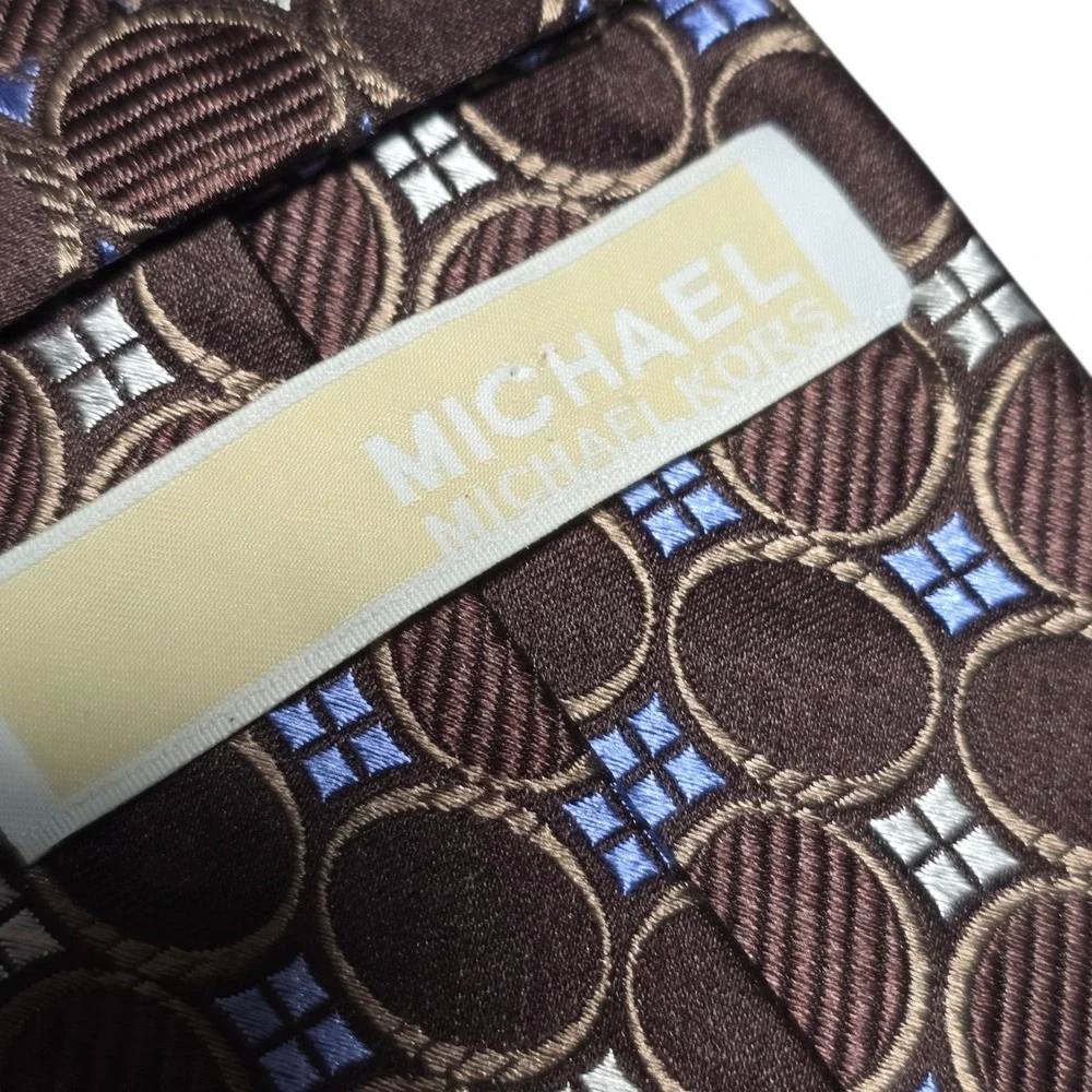 Michael Kors Silk Luxury Tie Black Blue Tan Brown Geometric Circles Men‎ Necktie